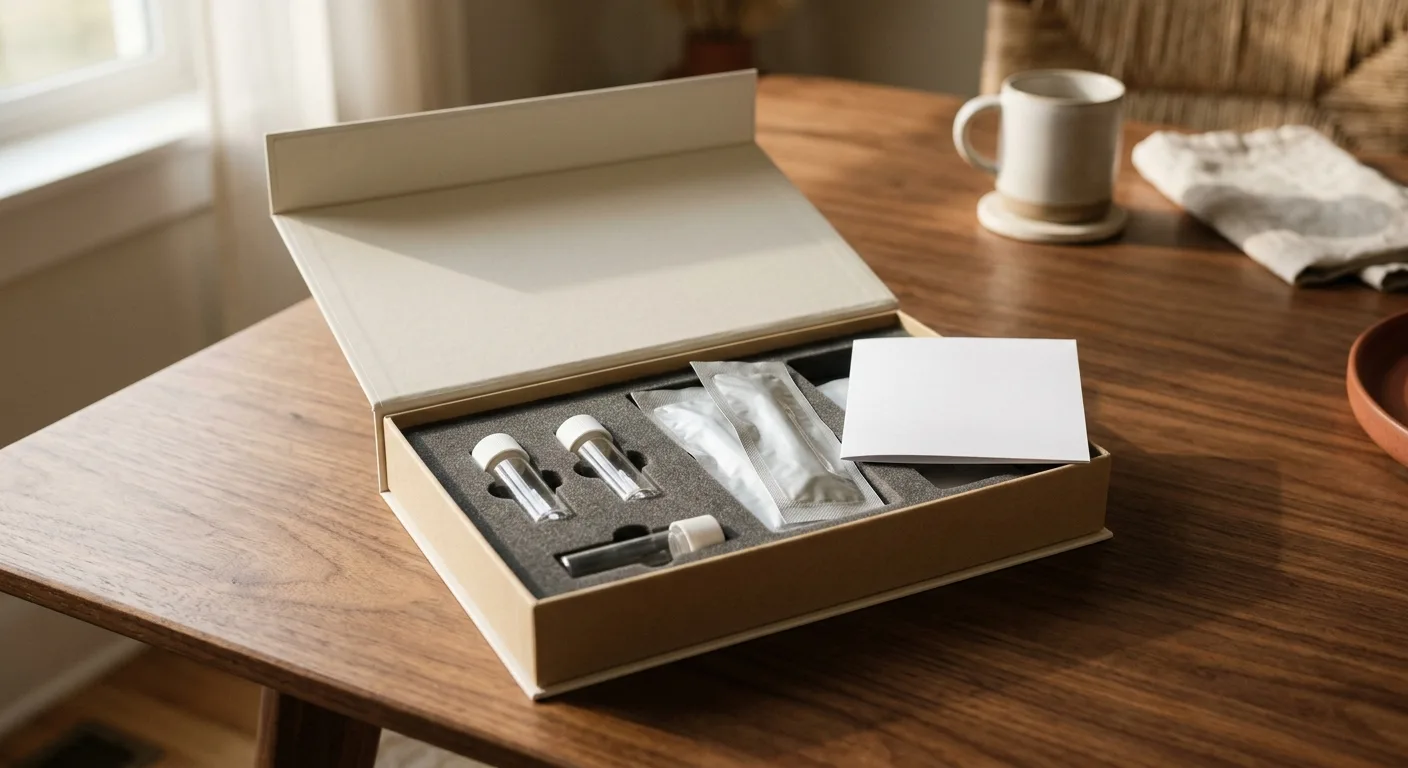 An opened collection kit on a warm walnut dining table, its sealed components seated in charcoal foam, in morning light.