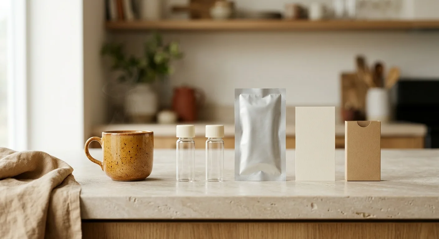 A sealed at-home collection kit laid out on a linen surface, its components arranged in warm morning light.