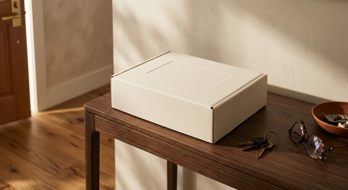 An at-home collection kit opened on cream linen, its labeled components laid out ready to use in soft morning light.