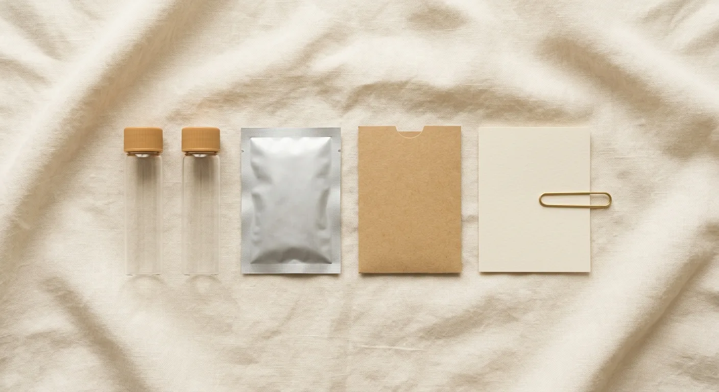 An at-home collection kit and labeled tubes laid out on cream linen, ready for an expanded panel in soft morning light.