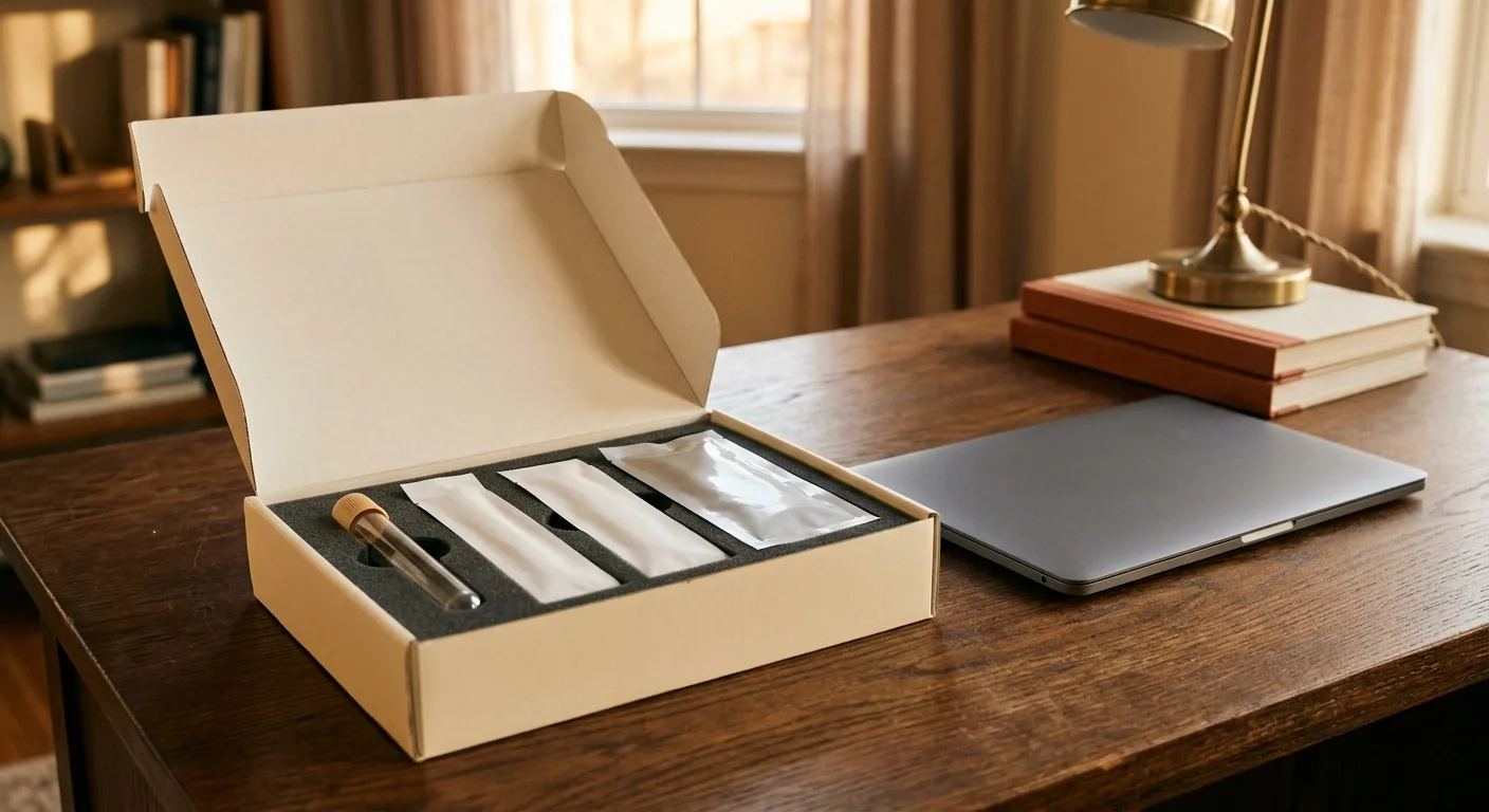 A resealed collection kit and paperwork set on a walnut desk in warm afternoon light, ready to send back.