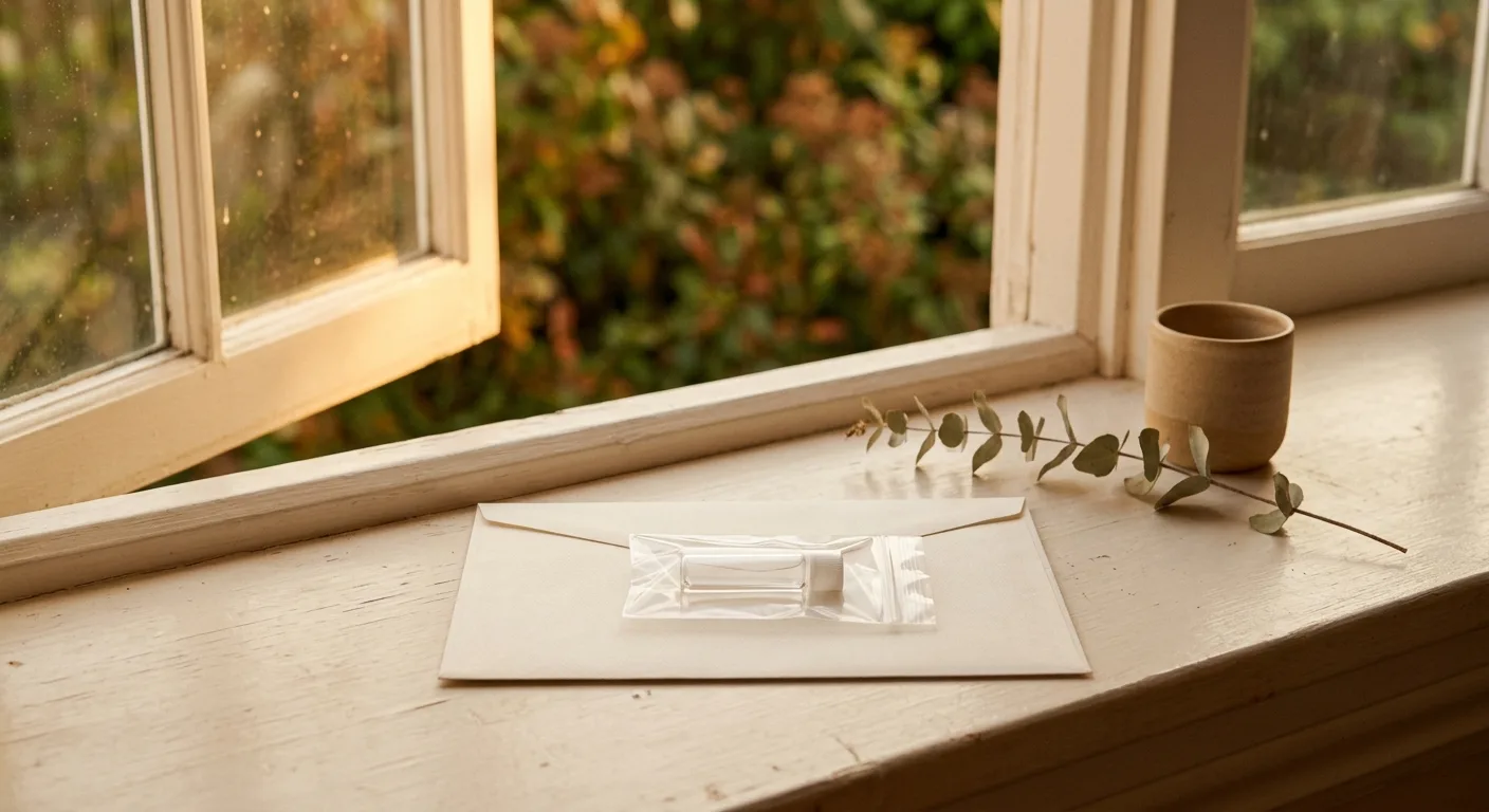 A cream return mailer and a sealed component sleeve resting on a windowsill at golden hour, foliage blurred beyond the glass.