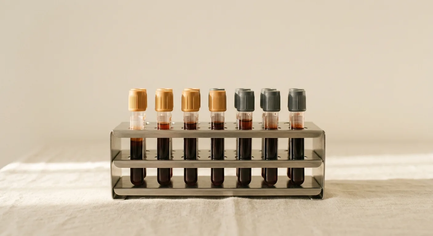 Blood collection vials with amber and graphite caps standing in a stainless rack on cream linen, in raking morning light.