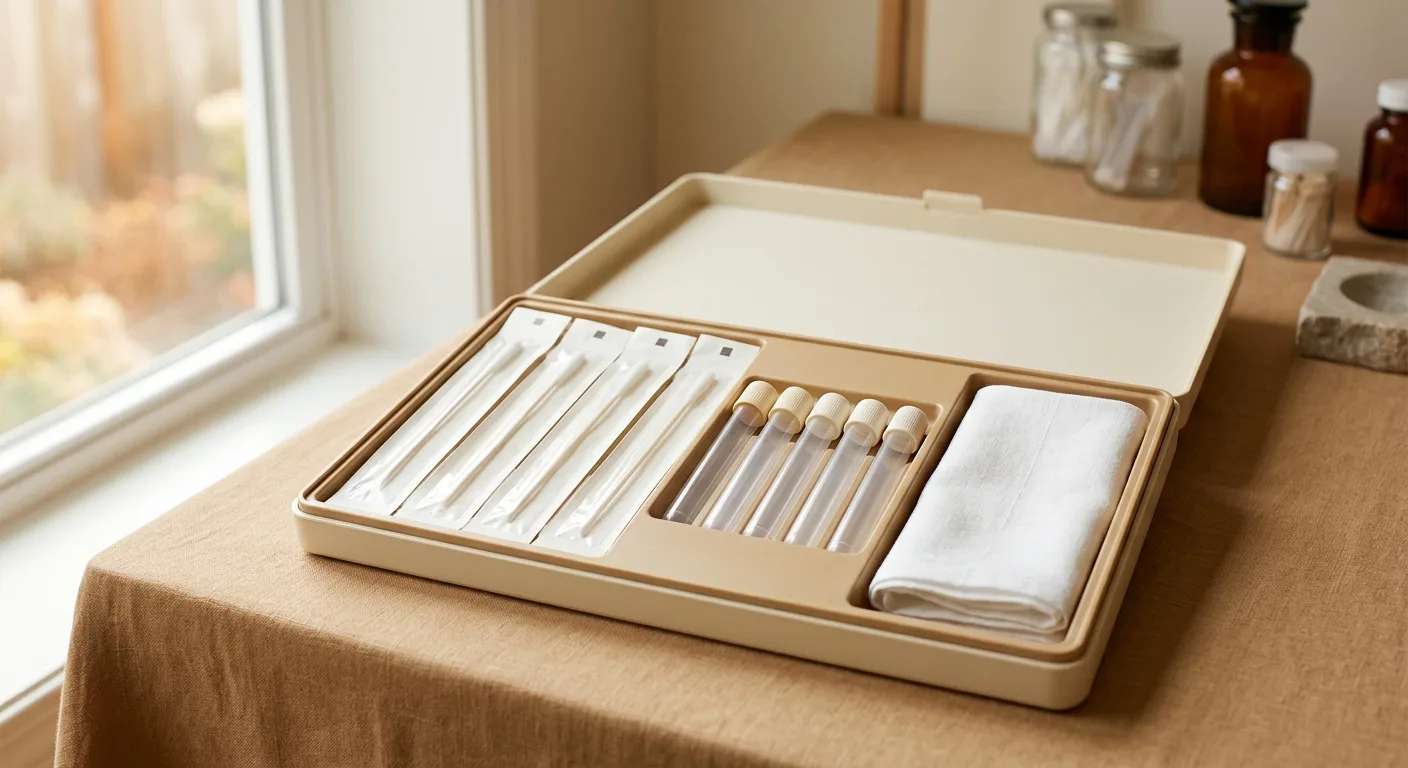 A broad tray of labeled blood collection tubes arranged in a stainless rack on cream linen, in soft daylight.