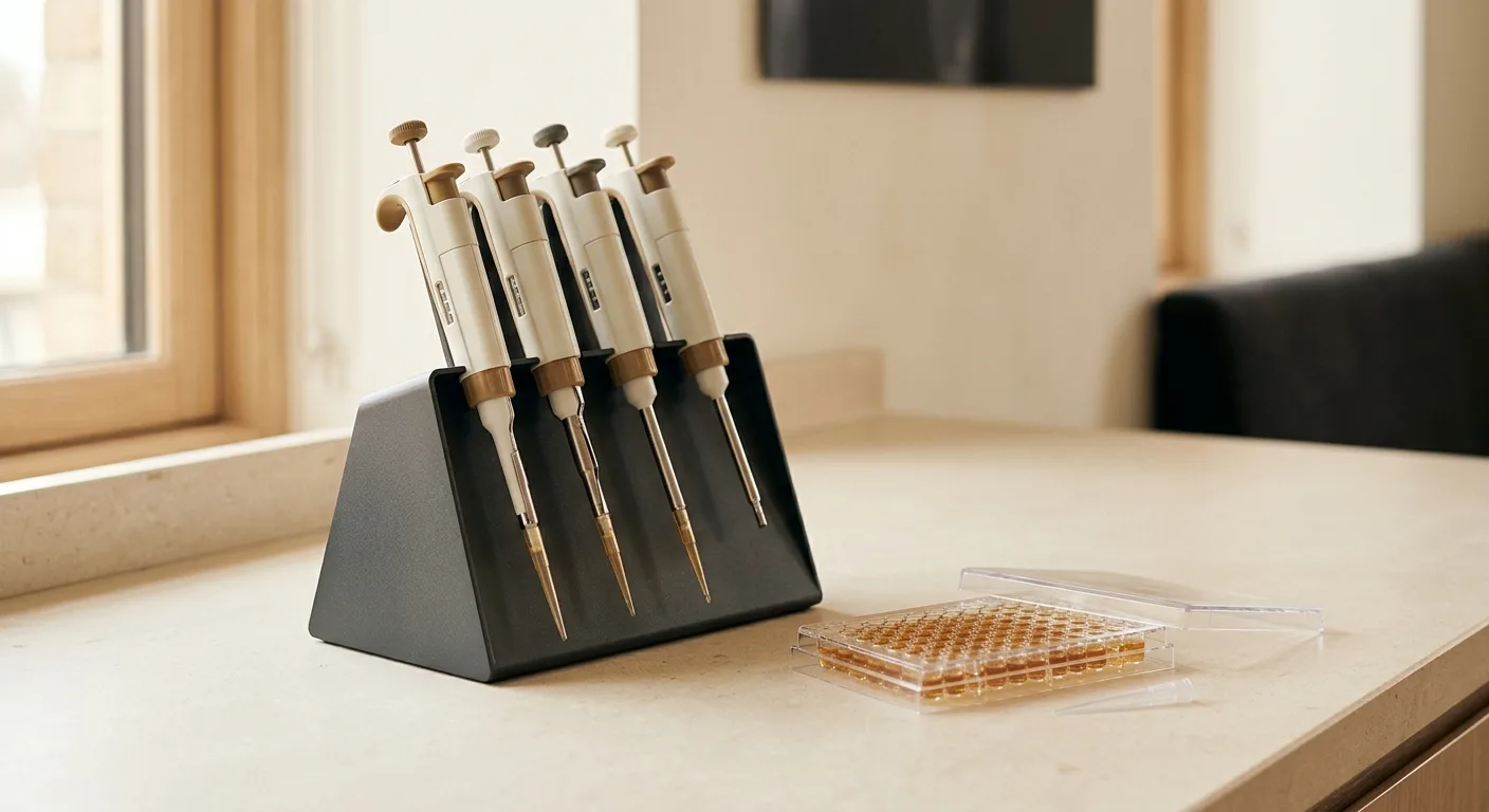 Collection vials with colored caps standing in a rack on cream linen in raking morning light.