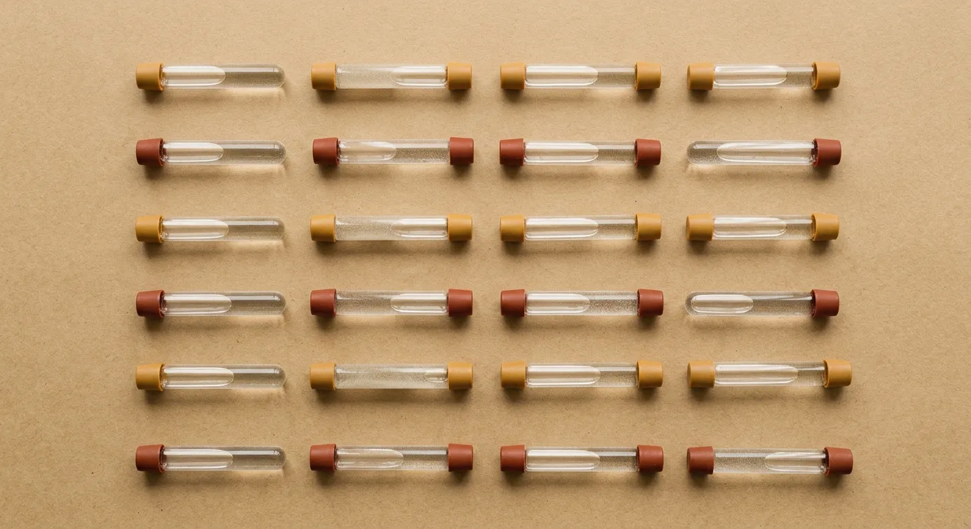 Collection vials with colored caps standing in a rack on cream linen in raking morning light.