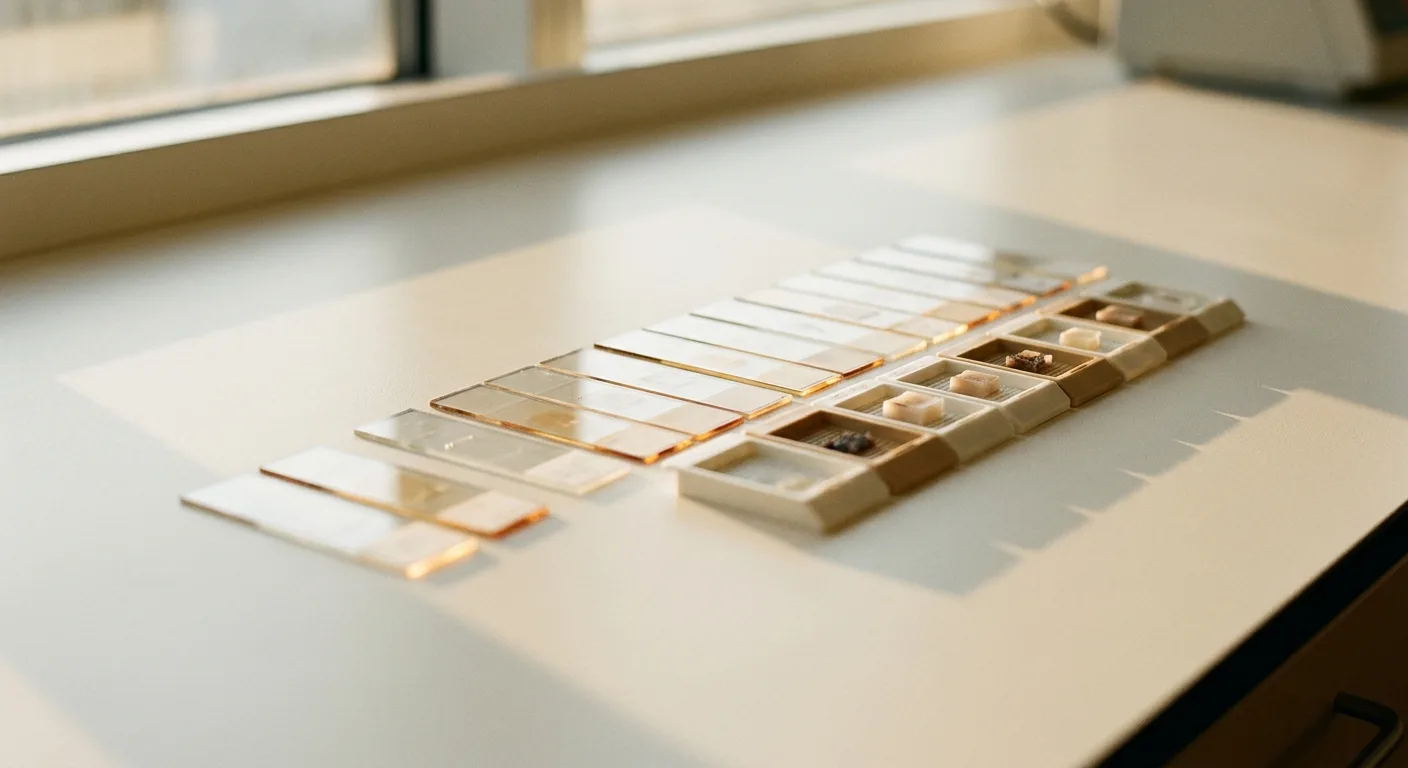 Labeled specimen vials in a stainless rack on cream linen, arranged for a physician review in soft laboratory light.