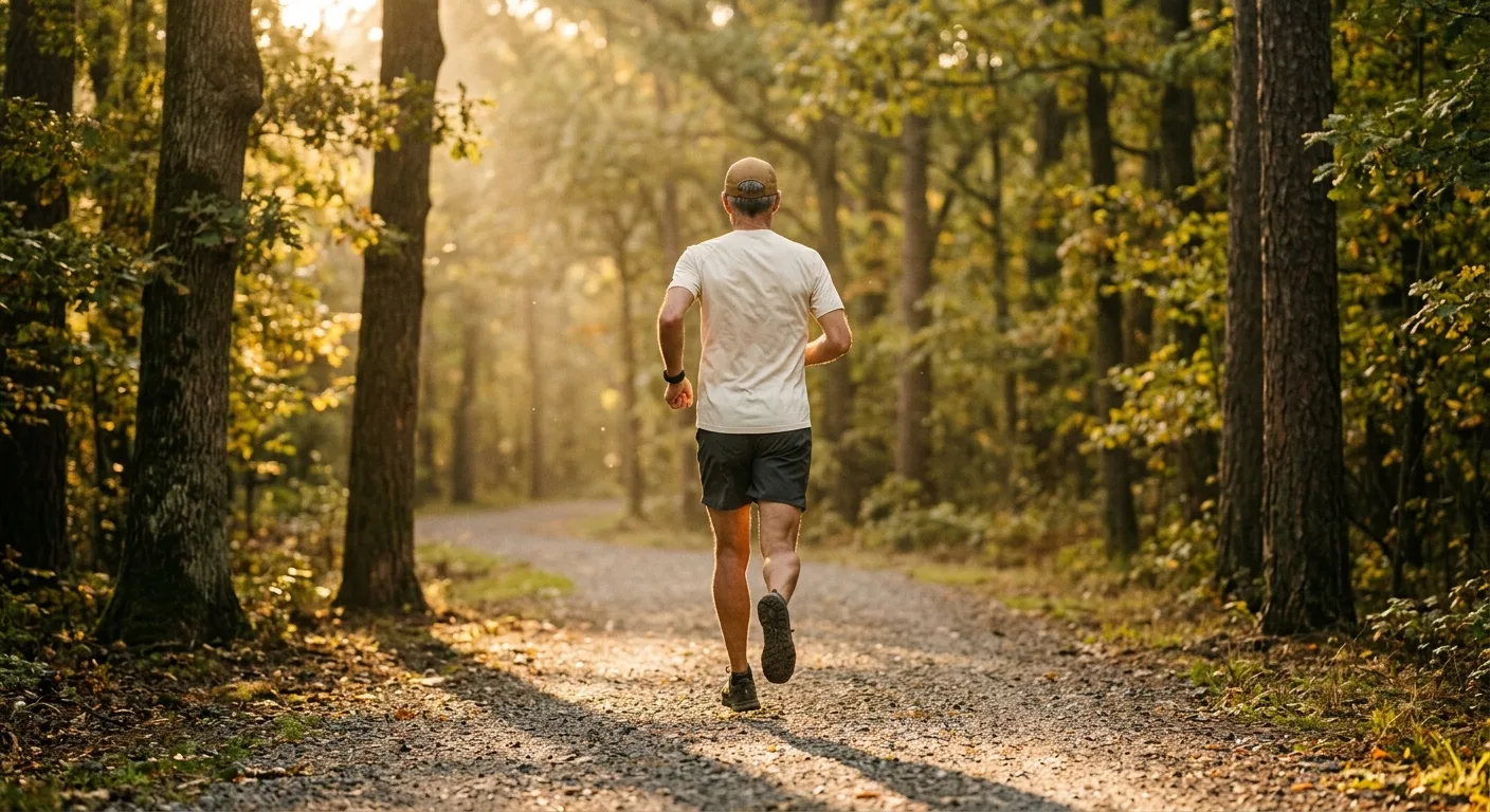 A fit adult mid-stride on a tree-lined path at golden hour, seen from a distance in athletic clothing.