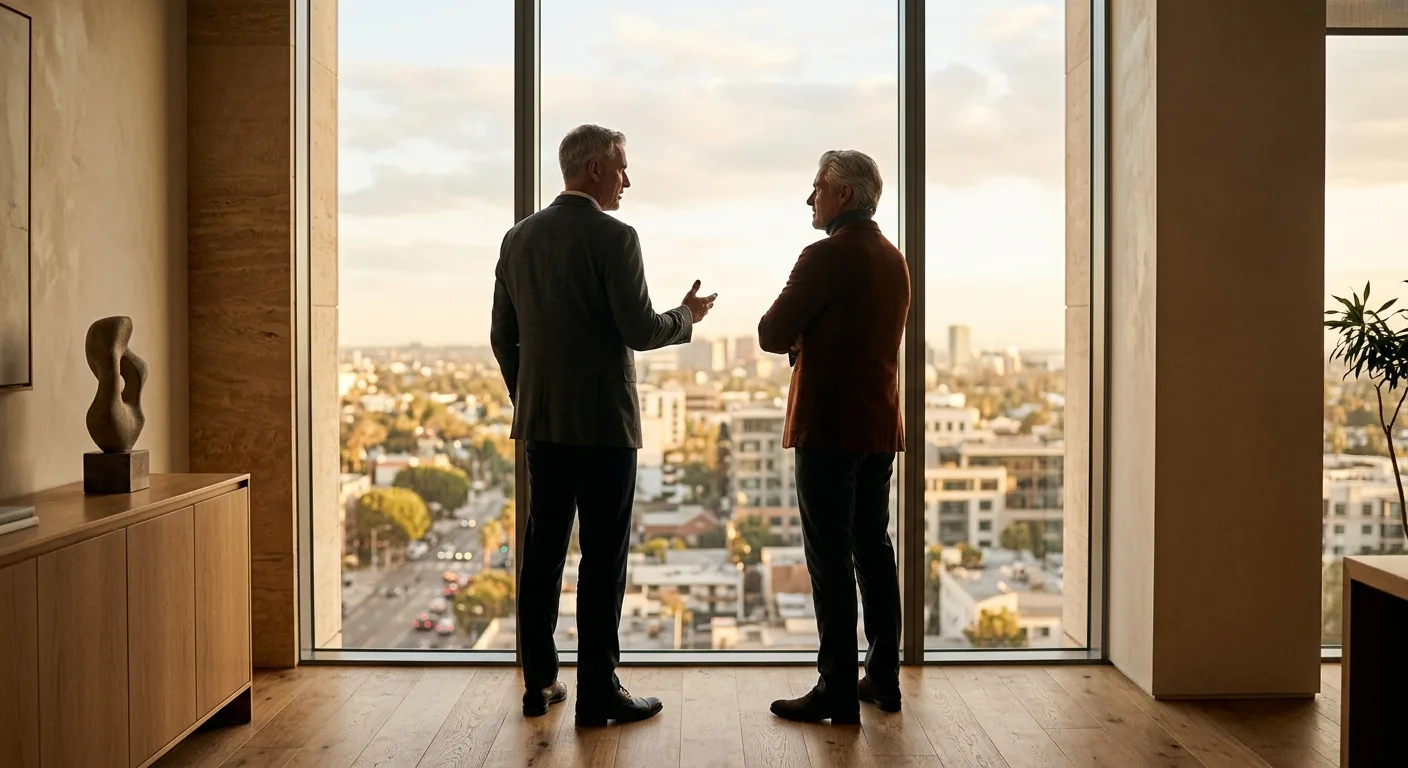 A composed adult standing outdoors in morning light, seen from a distance in smart clothing against a calm cityscape.