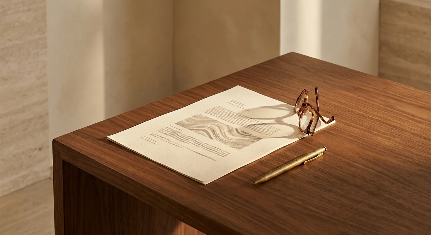 A printed personalized protocol resting on a walnut desk beside reading glasses and a brass pen, in warm afternoon light.