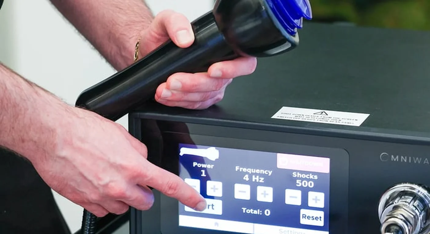 A clinician's hands hold the shockwave applicator above the device console, with the session settings for power, frequency and shock count shown on the screen.