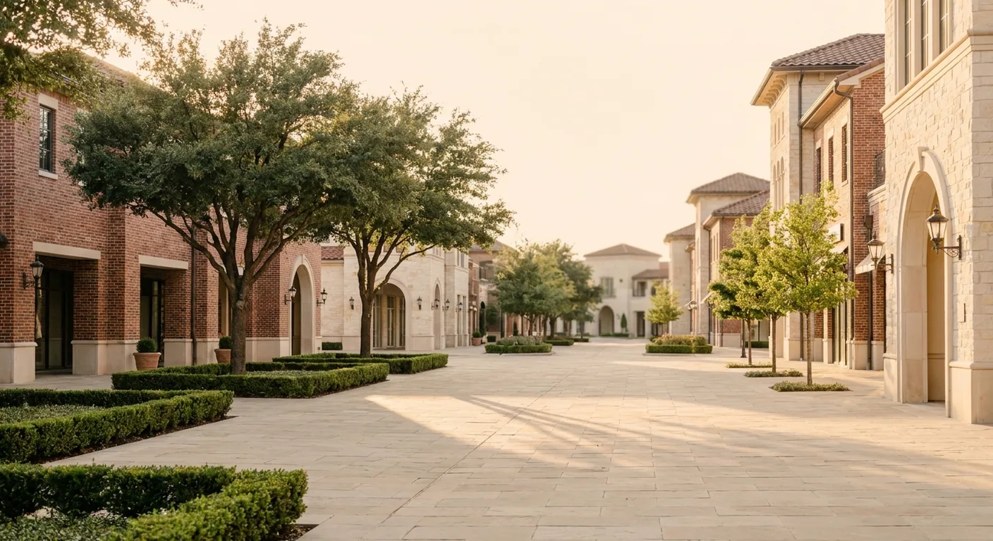 A quiet North Texas town center at golden hour: brick and limestone low-rise buildings, shade trees and clipped hedging along a wide stone-paved street.