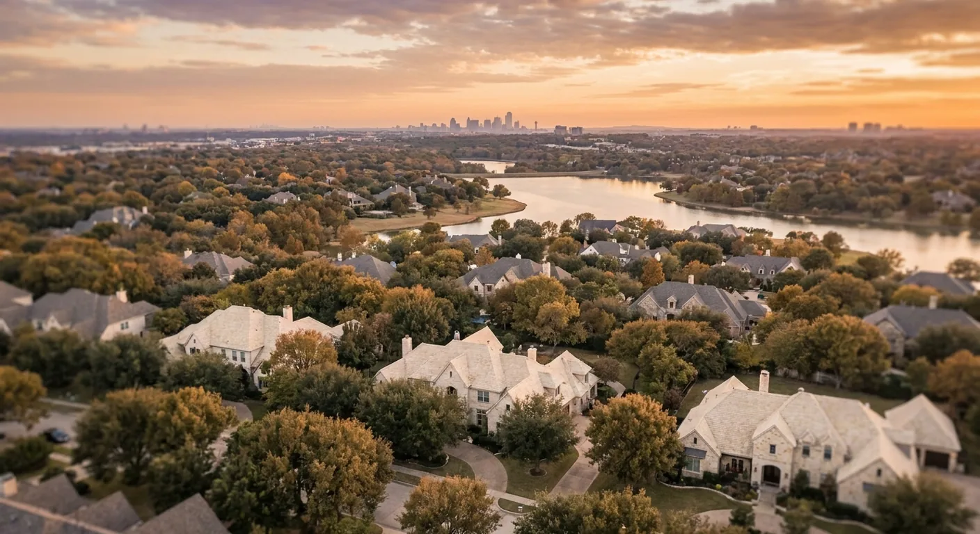 An elevated golden-hour view across an affluent North Texas suburb: mature tree canopy, a lake, and the distant Dallas-Fort Worth skyline.